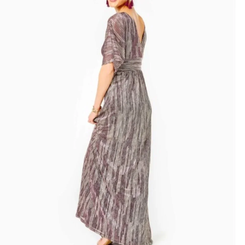Lily Pulitzer Parigi Elbow Sleeve Maxi DRESS Metallic Rope Berry Crinkle Size L - Picture 7 of 13